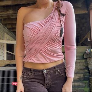 Pink One Shoulder Ruched Tassel Tie Top NWT